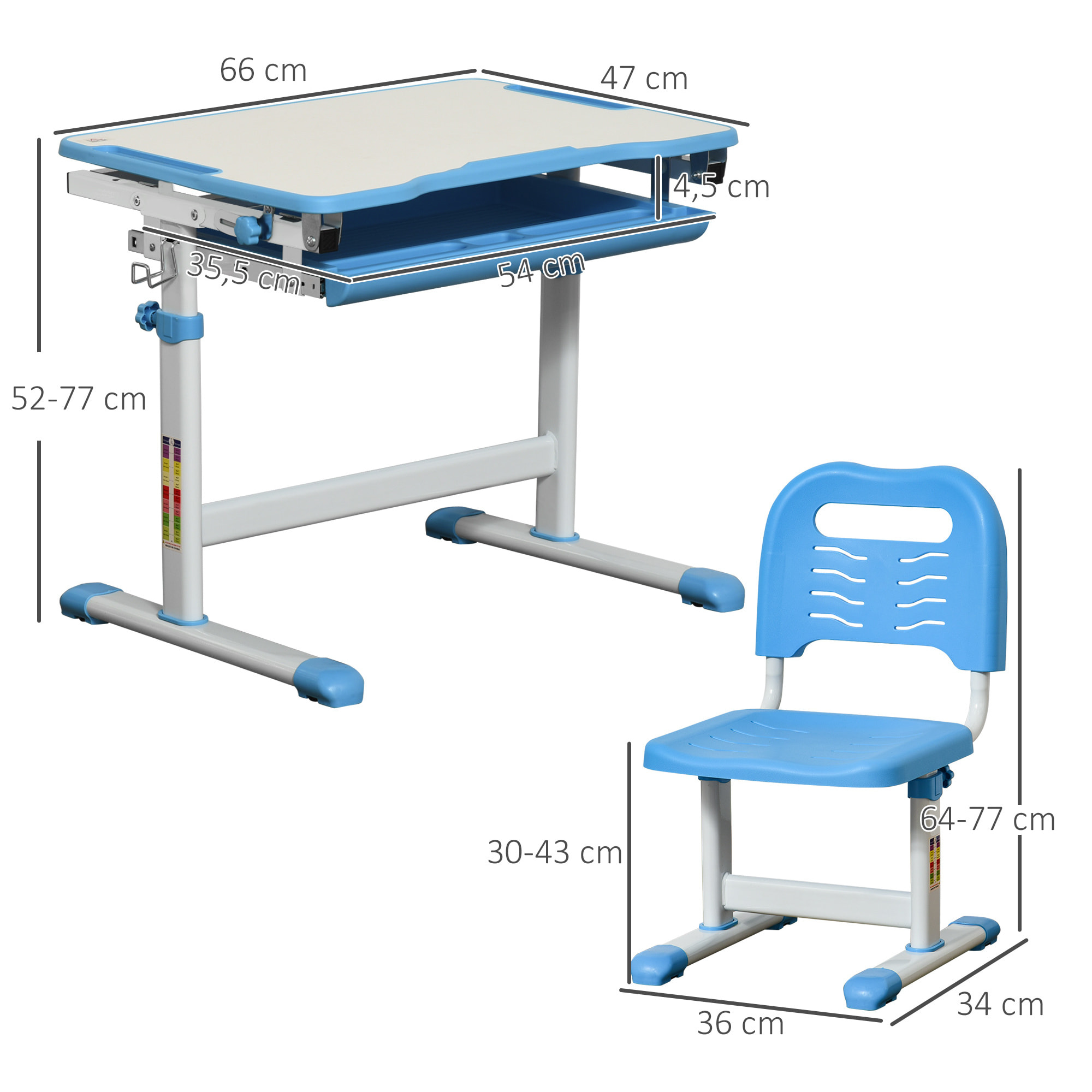 Pupitre Infantil 2 en 1 Juego de Escritorio y Silla para Niños de +6 Años con Altura Ajustable Mesa Regulable en ángulo y Bandeja Deslizante 66x47x77 cm Azul