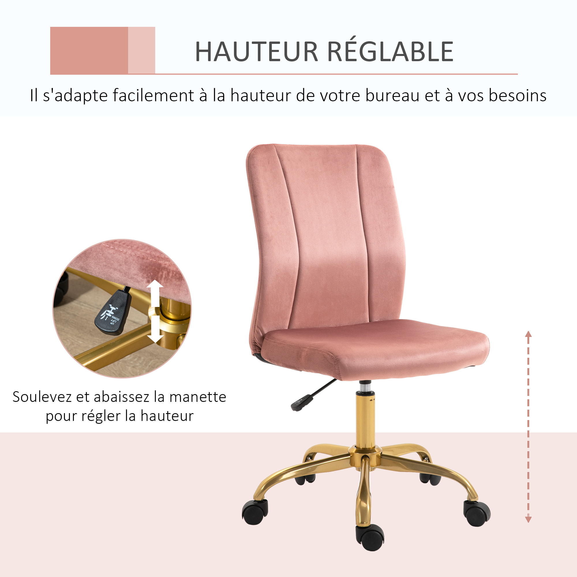 Vinsetto Chaise de bureau style Art déco hauteur réglable pivotante 360° piètement métal doré velours rose poudré