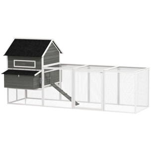 Gallinero de Madera Grande Exterior, Caseta para Gallinas con 2 Nidos, Corral, Techo Asfáltico, Bandeja Extraíble y Rampa, Casa Elevada para 8-10 Gallinas, Conejos, 347x160x150 cm, Gris Oscuro