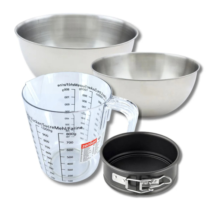 Set pâtisserie avec mini moule à manqué 12 cm, 2 bols à mixer, verre mesureur et spatule Zenker