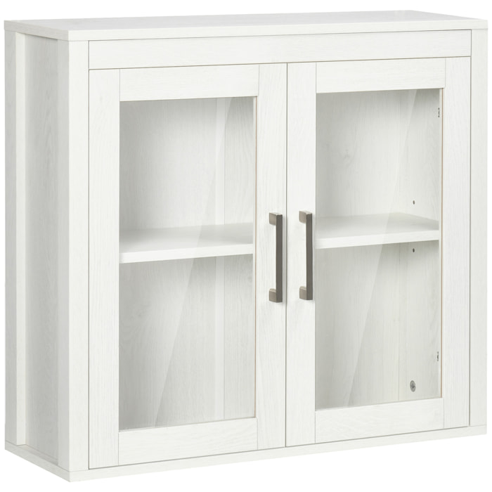 kleankin Armario de Baño de Pared con 2 Puertas de Vidrio y Estante Ajustable Mueble Colgante de Baño para Cocina Dormitorio Aseo Estilo Moderno 60x19,5x54 cm Blanco