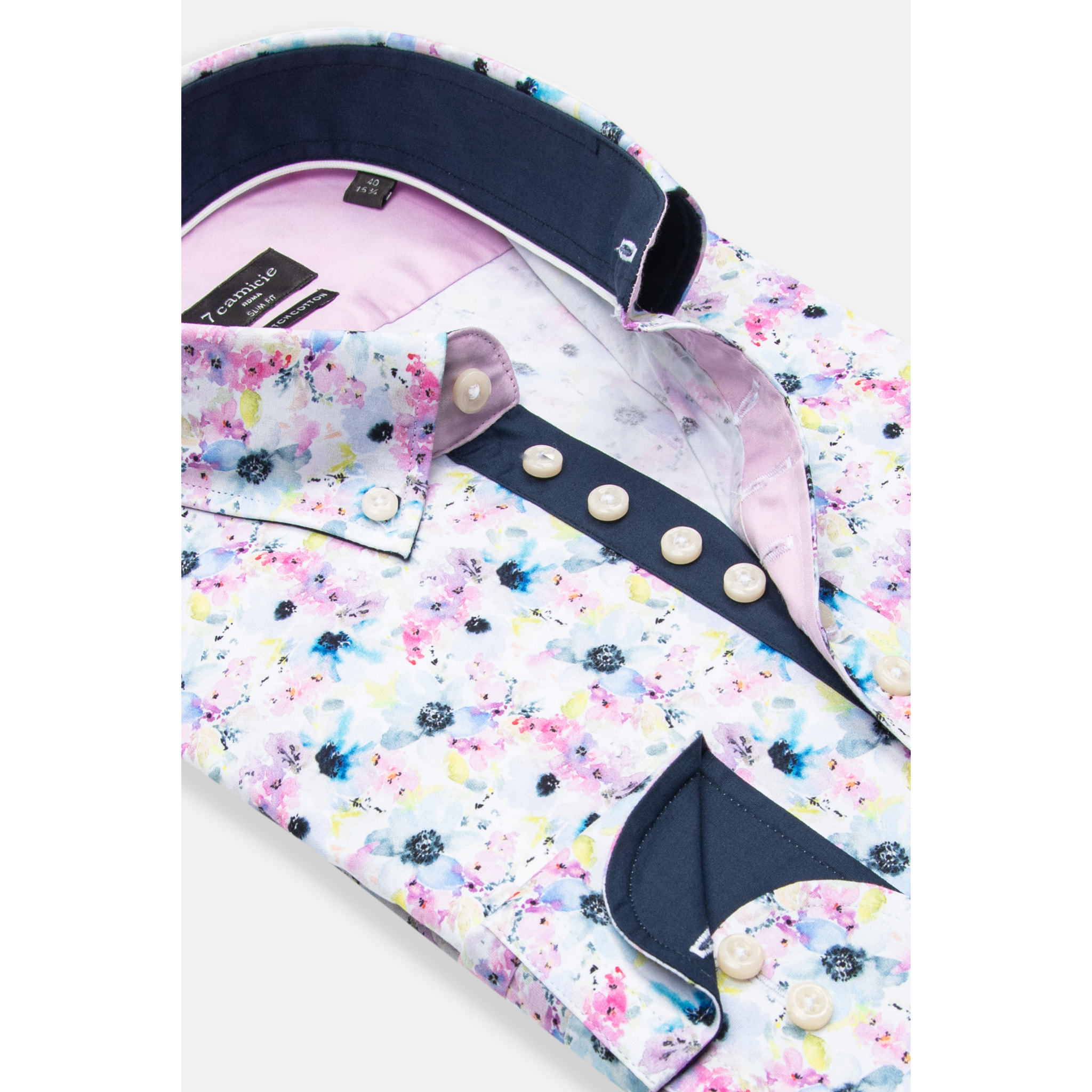 Camicia Uomo 1 Bottoni Button Down Slim Popeline Stretch Stampato Bianco Rosa Cipria