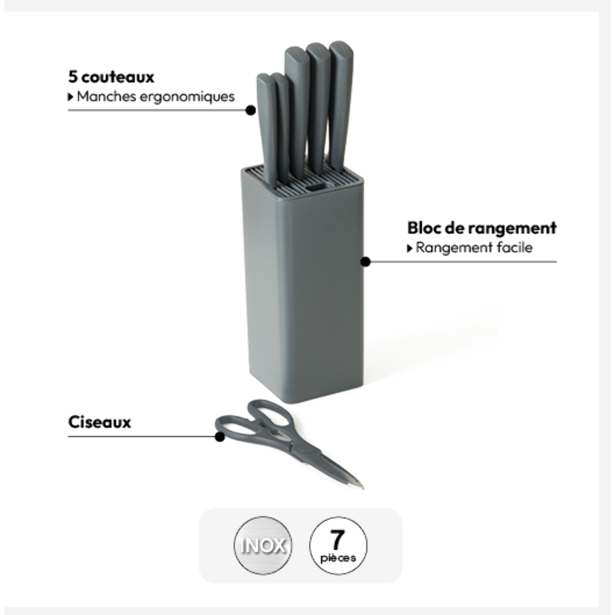 Bloc de 5 couteaux et ciseau "Néo" gris
