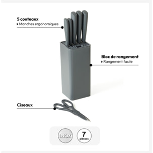 Bloc de 5 couteaux et ciseau "Néo" gris