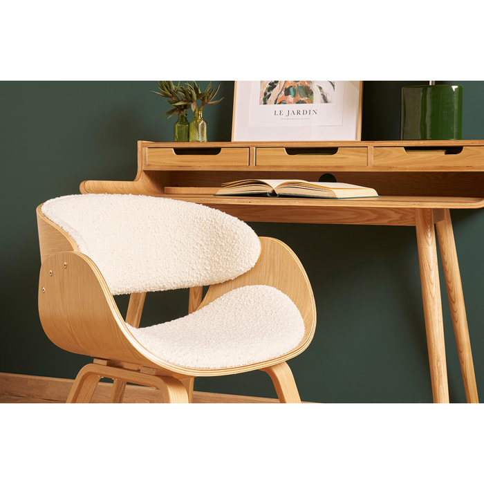 Chaise design en tissu effet laine bouclée blanc et bois clair BENT