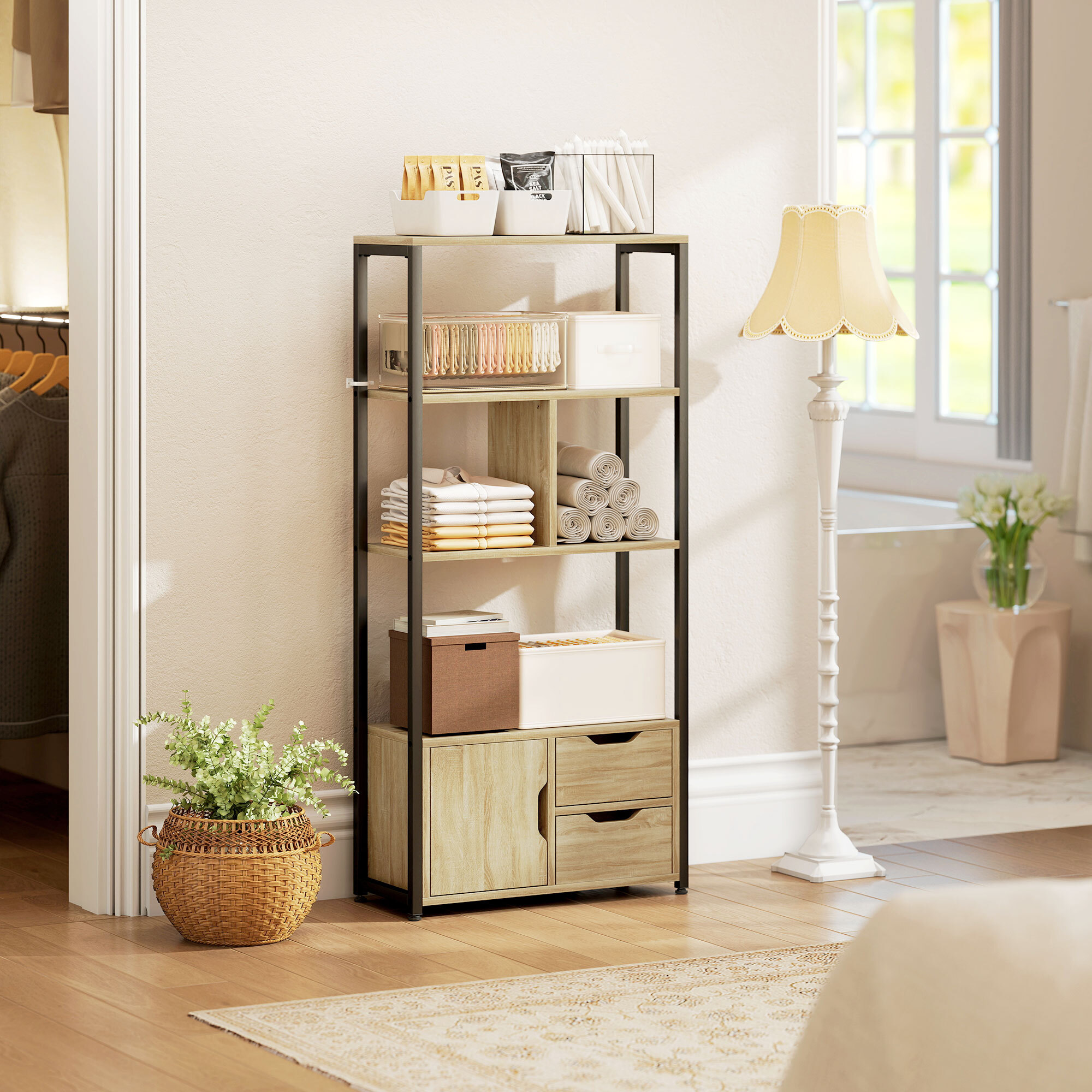 Bibliothèque style industriel 3 étagères placard porte 2 tiroirs panneaux particules aspect bois clair acier noir