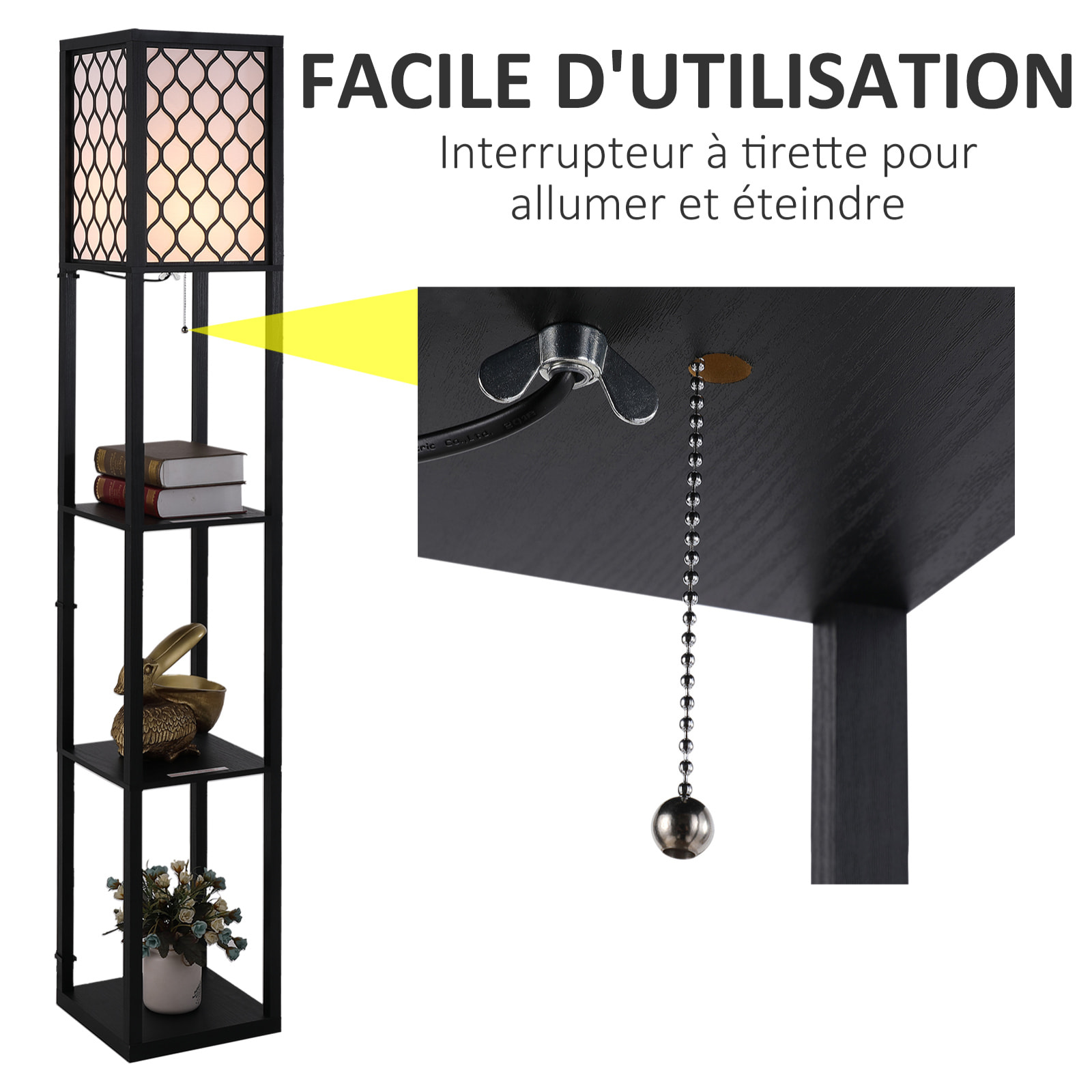 Lampadaire étagère lampe étagère 26L x 26l x 160H cm 3 étagères 4 niveaux MDF noir motif nid d'abeille