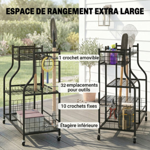 Organisateur d'outils de jardin - chariot de jardin - 11 crochets, 32 compartiments, 3 étagères - acier noir