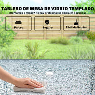 Conjunto de Mesa y Sillas Jardín de 8 Piezas, Muebles de Jardín Exterior con Sombrilla, 6 Sillas Plegables, Mesa de Vidrio Templado, para Terraza, Patio, Crema