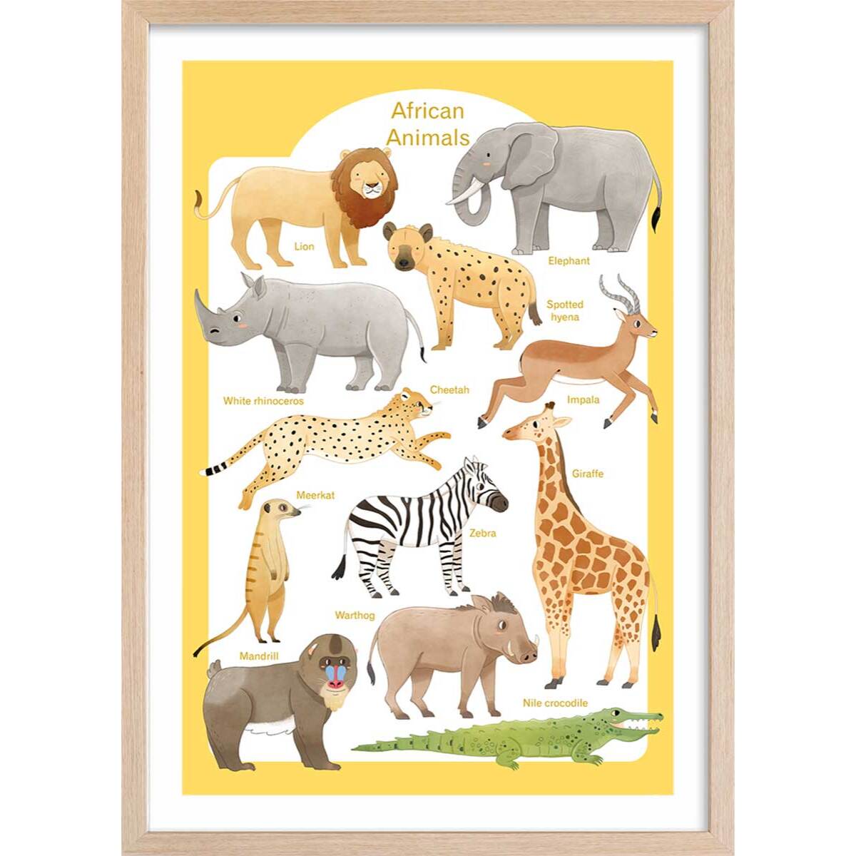 Affiche enfant animaux d'afrique  Affiche sous cadre bois