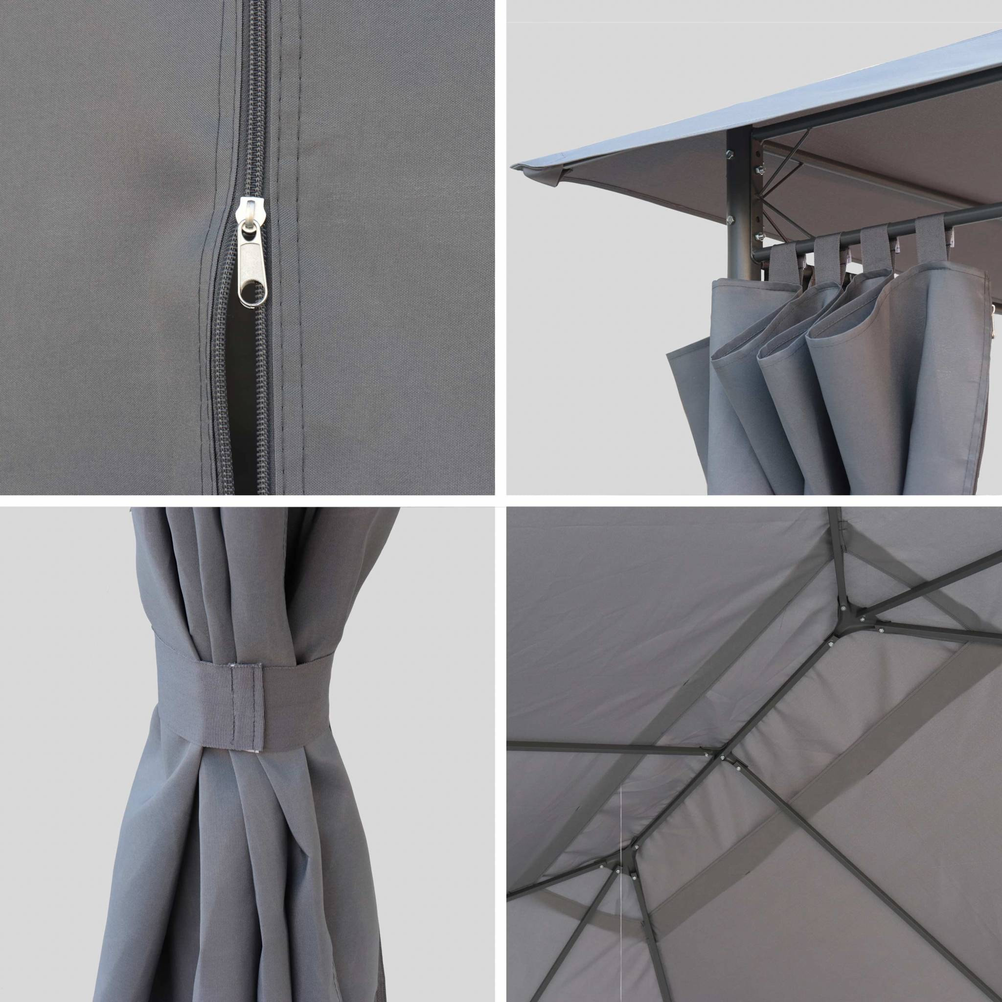 Ensemble complet toile de toit et rideaux gris pour tonnelle 3x4m Divio - toile de rechange pergola. toile de remplacement
