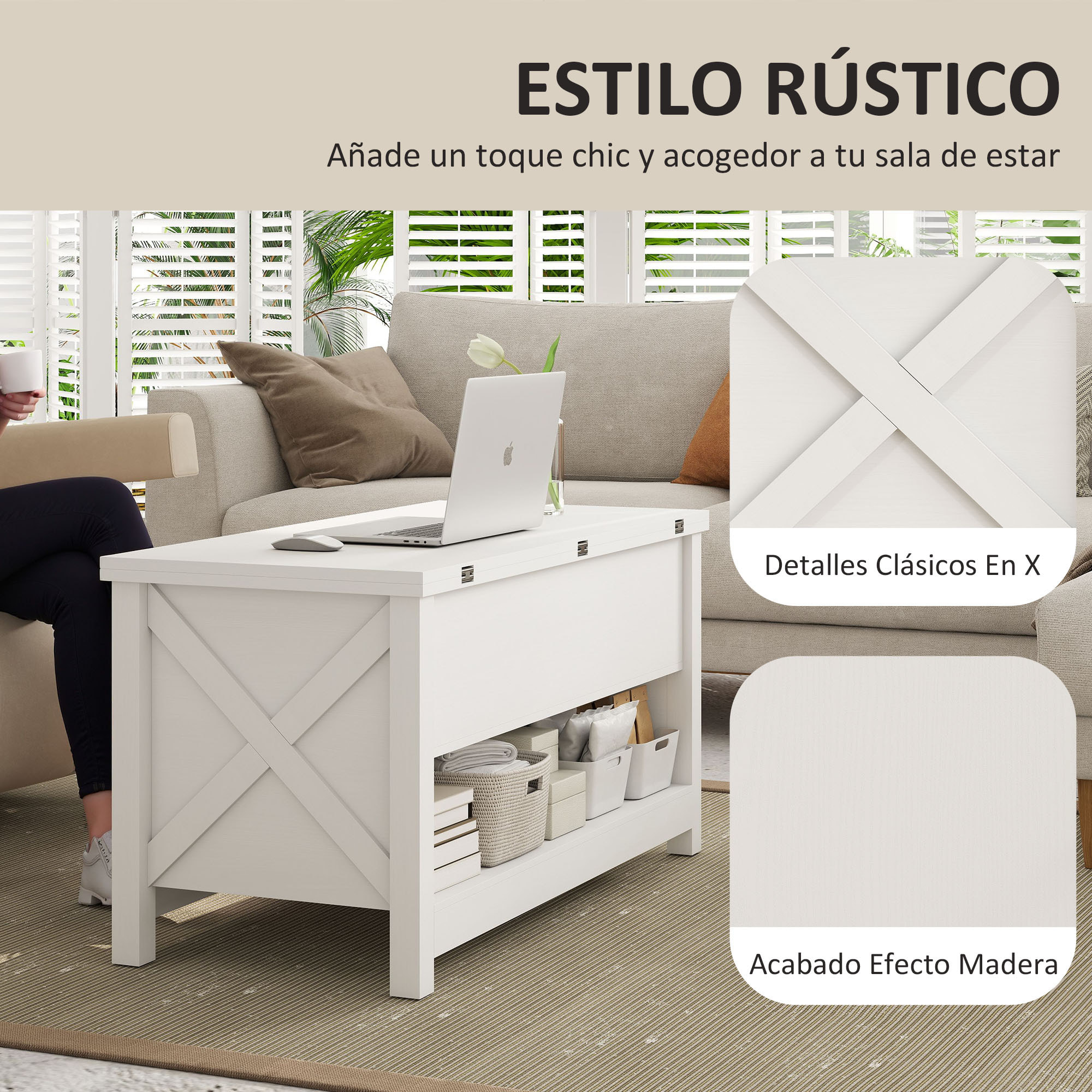 Mesa de Centro Elevable y Extensible, Mesa de Salón con Compartimentos Ocultos, Estante Abierto, para Comedor, Oficina, 100x90x64 cm, Blanco