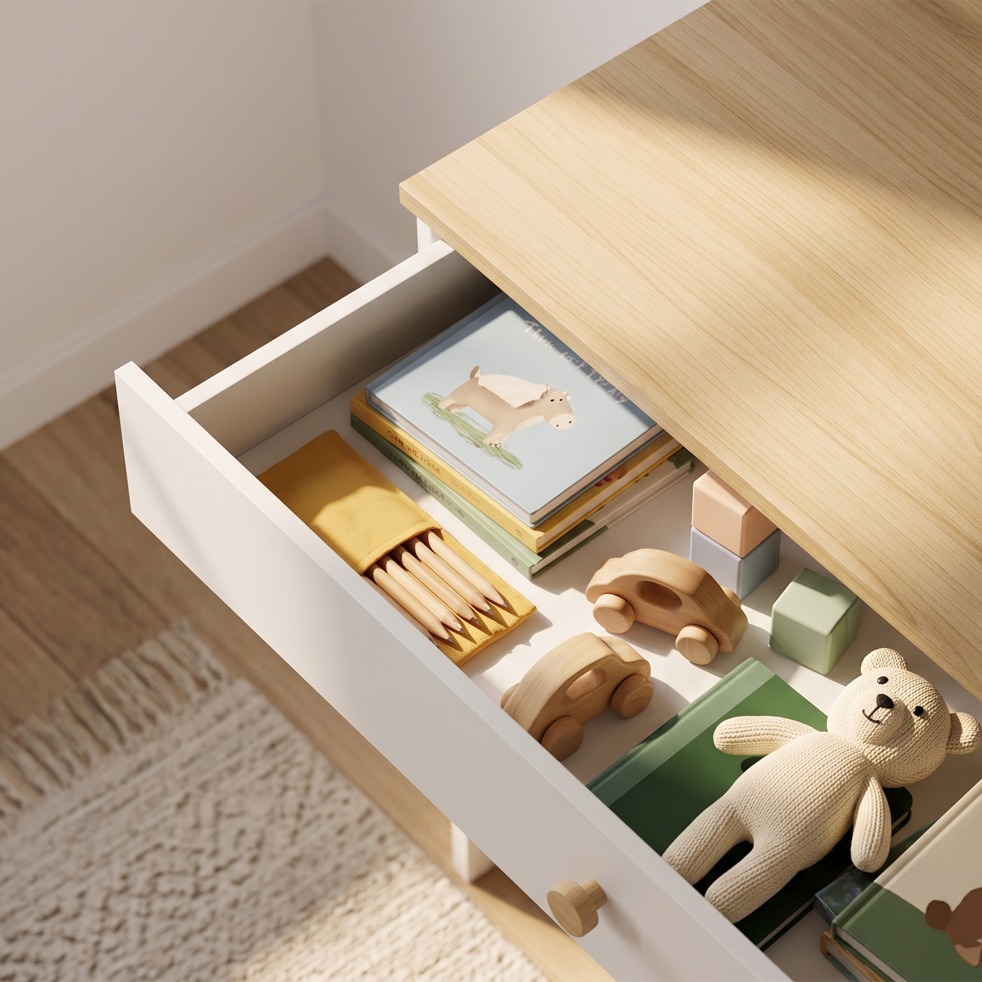 AIYAPLAY Escritorio Infantil, Mesa de Escritorio para Niños con Estante, 3 Compartimentos Abiertos y Cajón, para Estudio, Entrada, Dormitorio, para Niños de 3-8 Años, 80x50x100 cm, Blanco