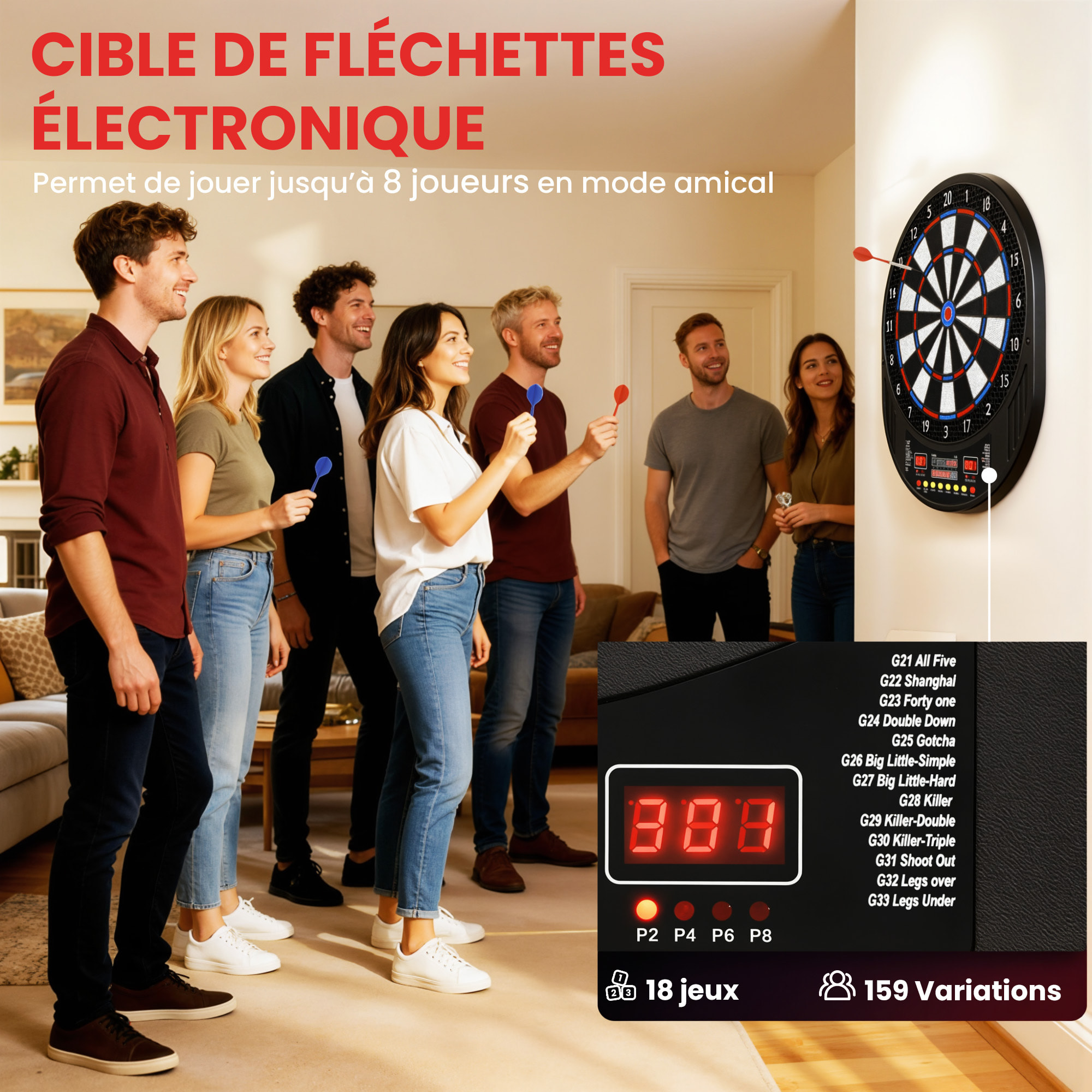 Cible jeu de fléchettes électronique 33 jeux 202 variations jusqu'à 8 joueurs
