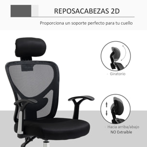 Vinsetto Silla de Oficina Ergonómica Silla Escritorio Giratoria con Altura Ajustable Función Reclinable Reposacabezas Regulable y Soporte Lumbar 65x67x108-118 cm Negro