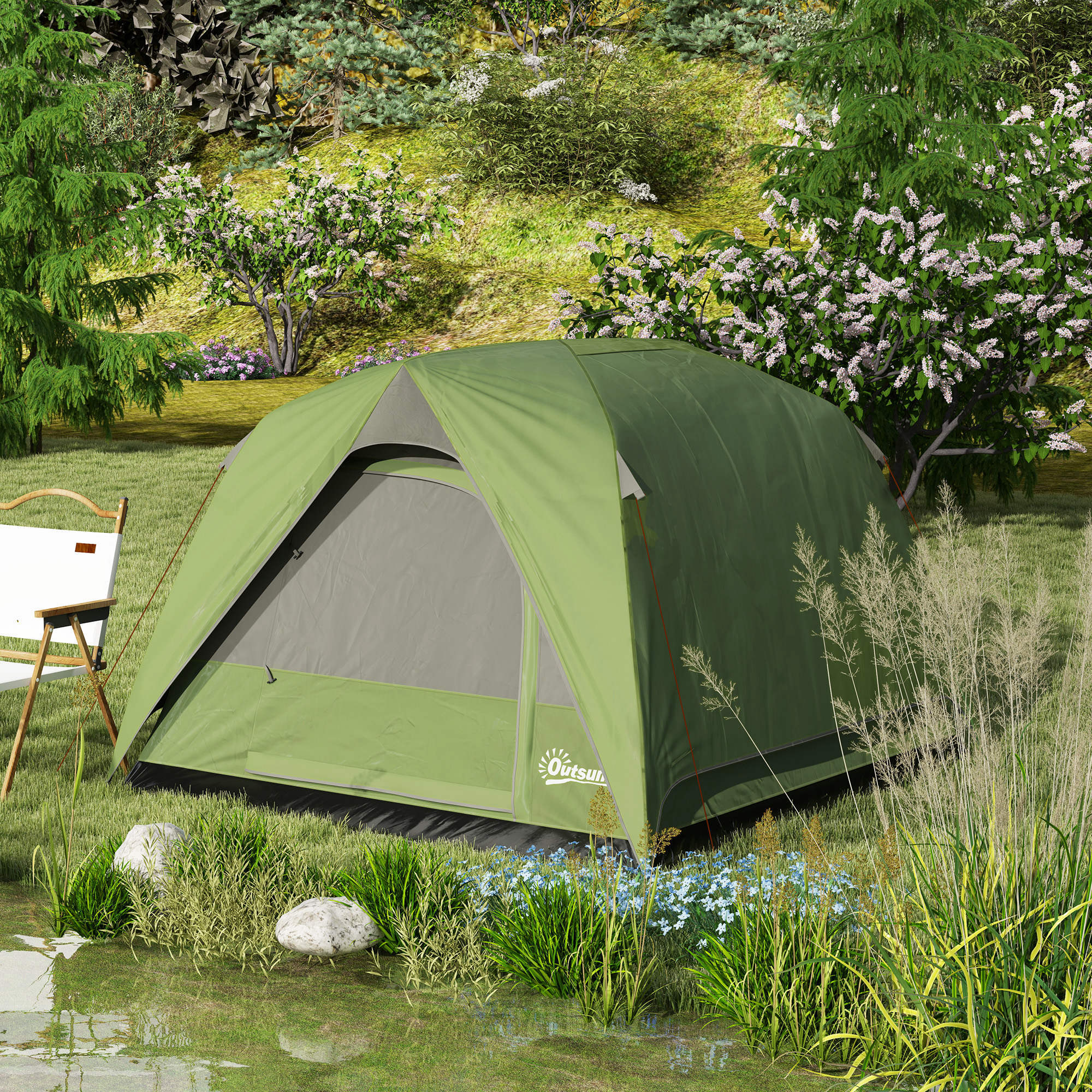 Tente de camping 2-3 personnes fenêtres, poche, sac de transport et crochet imperméabilité 3000 mm vert olive