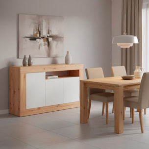 Credenza Moderna Madia A Terra Con 3 Ante Vano A Giorno E Ripiani Interni Mobile Contenitore In Melaminico Antigraffio 144x42x87 Cm Rovere e Bianco
