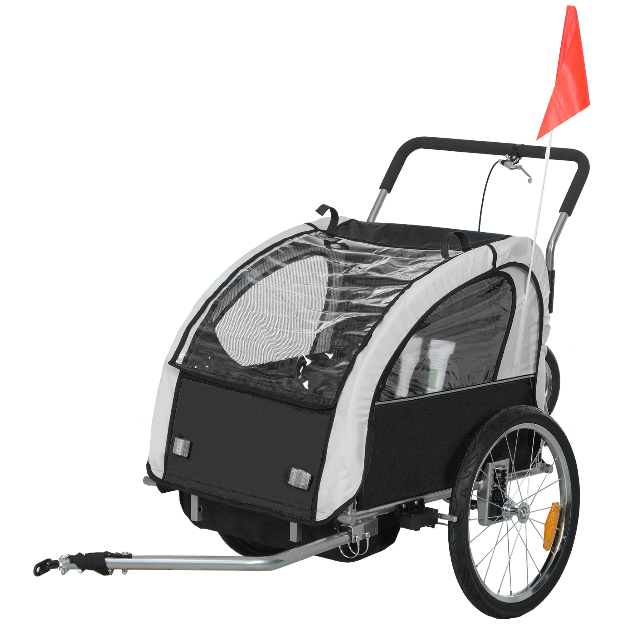 Remorque vélo jogger 2 en 1 enfant drapeau roue avant pivotante réflecteurs barre d'attelage inclus noir blanc