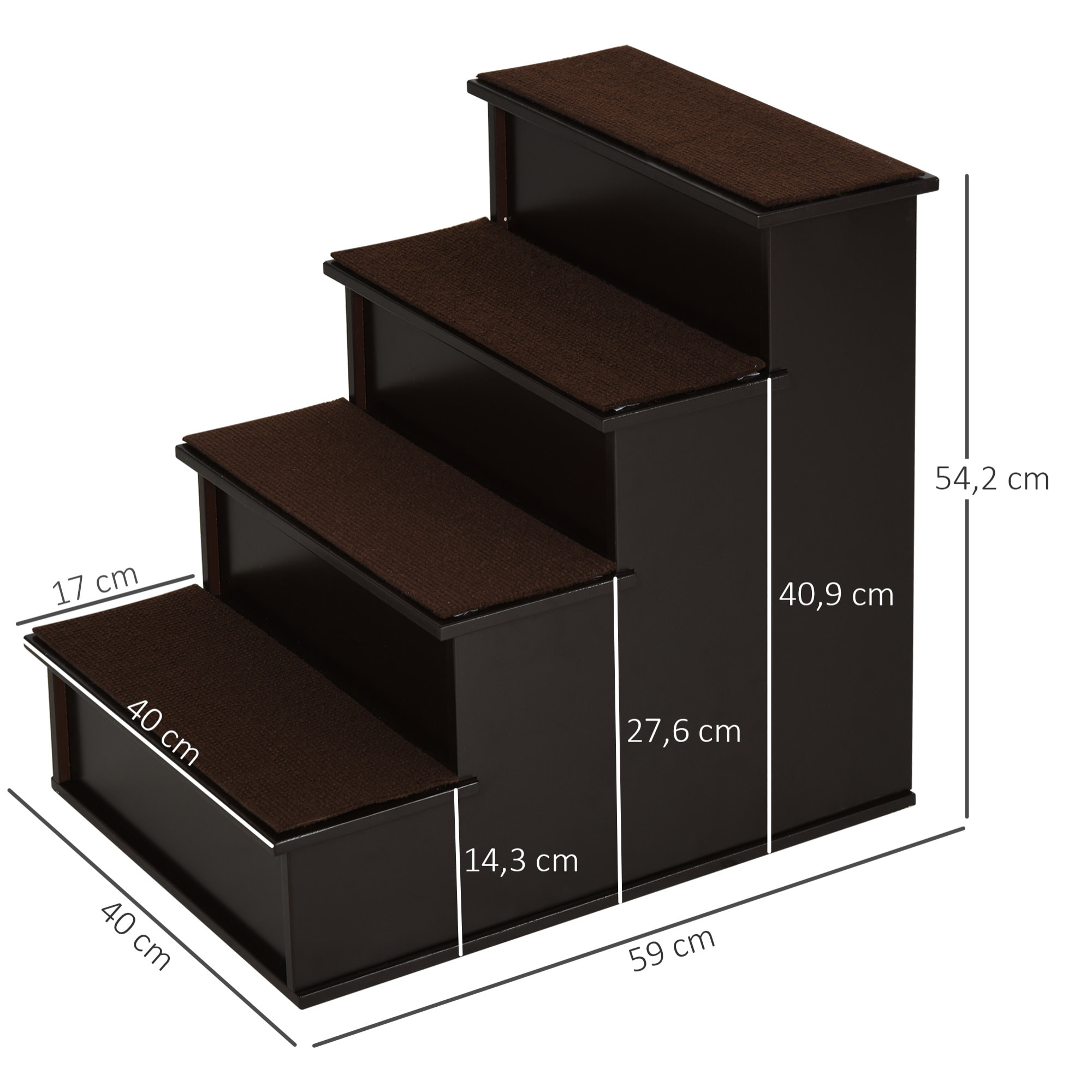 Escalera para Perros de 4 Peldaños Escalera para Mascotas Escalones para Perros Gatos con Acolchados Desmontables Carga 30 kg para Cama Sofá 40x59x54,2 cm Marrón Oscuro
