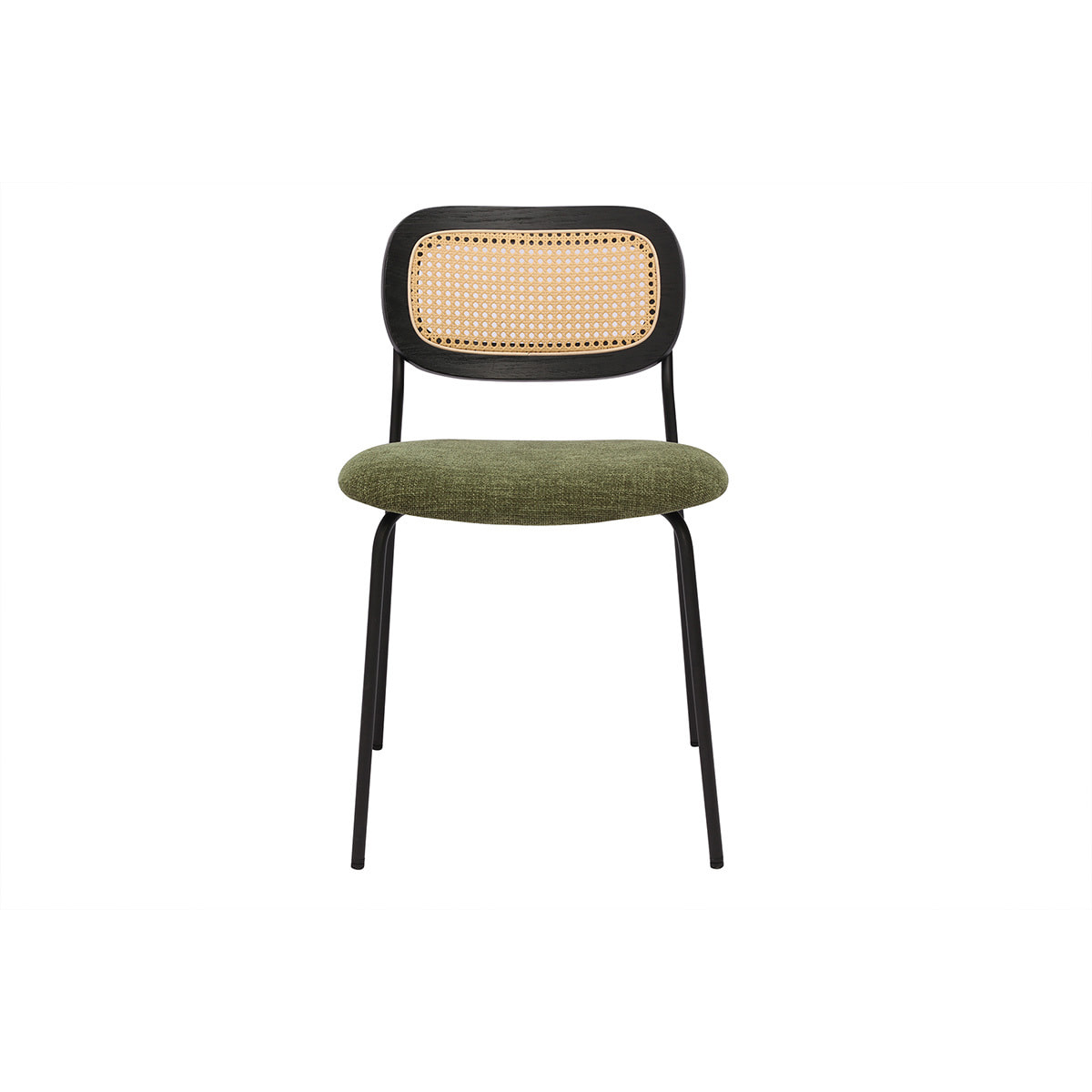 Chaises design en tissu effet velours texturé vert kaki, métal noir et cannage rotin (lot de 2) MIRANDA