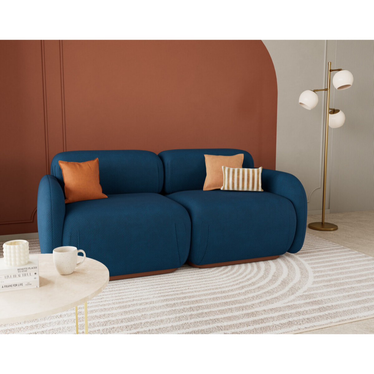 Penelope - canapé droit modulable 2 places en velours texturé - Bleu