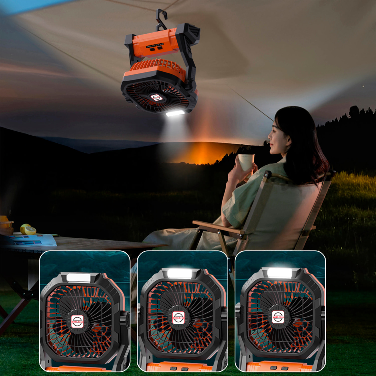 Ventilatore P50 con motore senza spazzole, LED con 8 luci, 4 velocità, 3 livelli di luce. Angolo regolabile di 180º, gancio per appendere e powerbank da 7800 mAh.