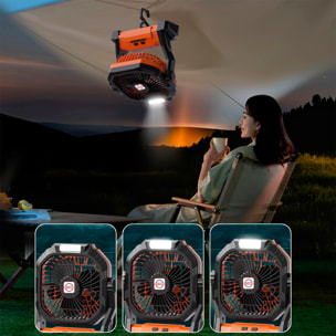 Ventilatore P50 con motore senza spazzole, LED con 8 luci, 4 velocità, 3 livelli di luce. Angolo regolabile di 180º, gancio per appendere e powerbank da 7800 mAh.