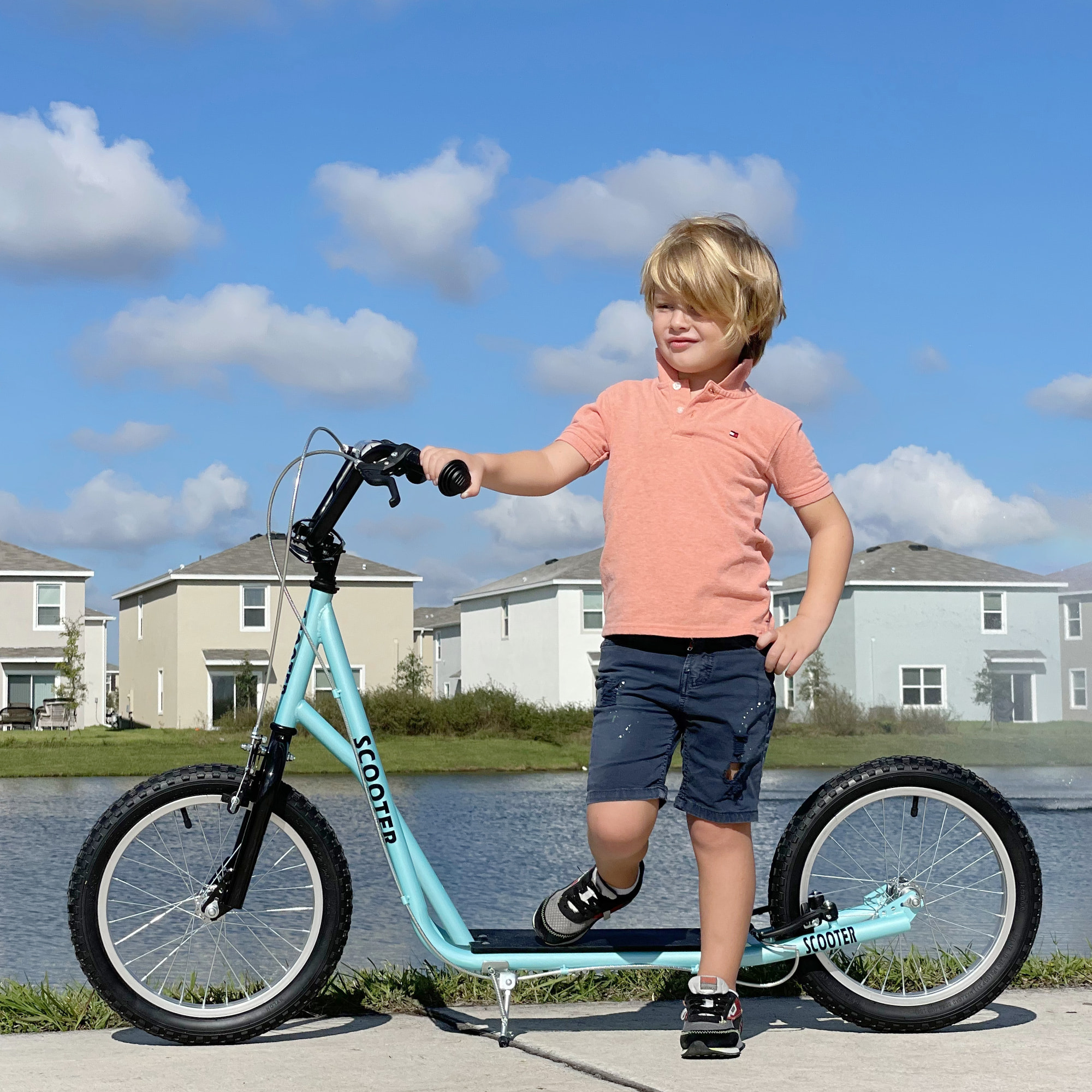 Patinete para Niños +5 Años, Patinete Infantil de 2 Ruedas, con Manillar Ajustable en Altura, 2 Neumáticos de Caucho Inflable, Doble Freno, Carga 100 kg, 139x58x90-96 cm, Azul Claro