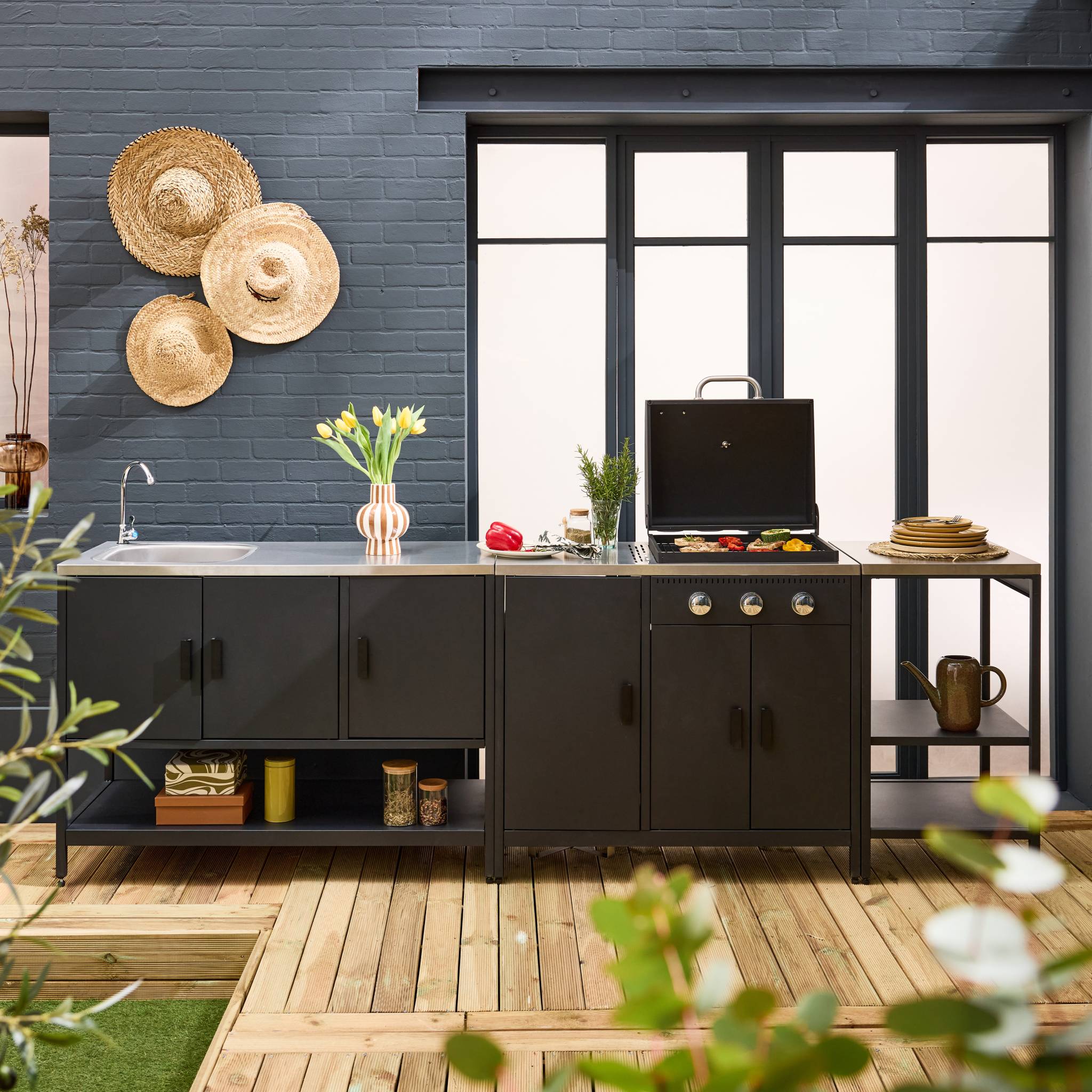 Cuisine d'extérieure 3 modules avec barbecue gaz 3 brûleurs sur pieds, thermomètre NAXOS BARBECUE GAZ + 3 MODULES