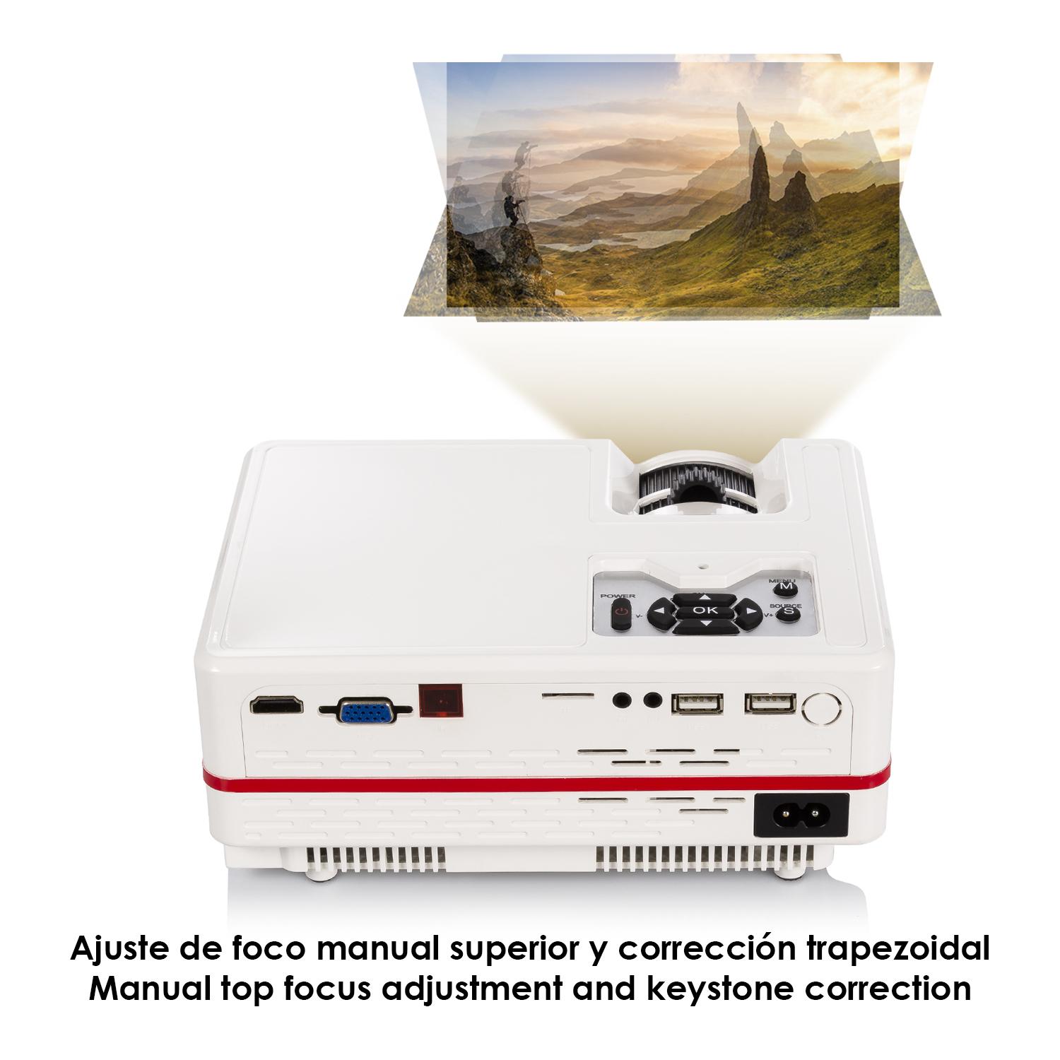 Videoproiettore LED con mirroring dello schermo per iOS e Android. Fino a 150 pollici, contrasto 3000:1. Collegamenti HDMI, USB, ingresso antenna. Telecomando.