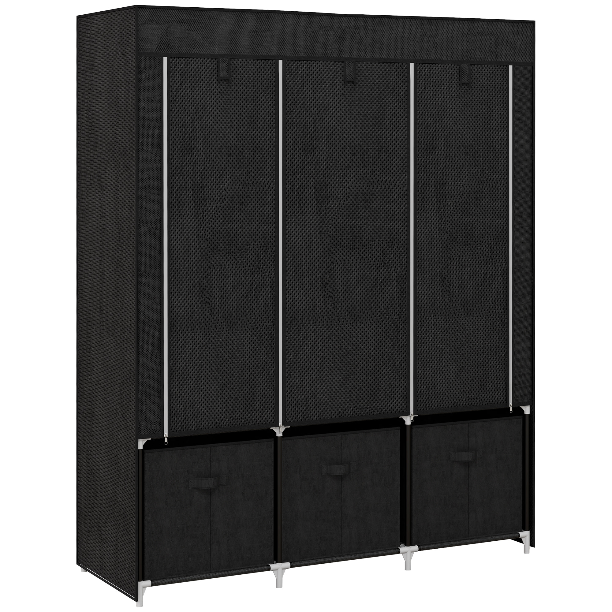 HOMCOM Armario de Tela, Armario Ropero con 2 Barras, 5 Estantes Abiertos, 3 Cajones, Cremallera, Marco de Acero, para Dormitorio, Espacio Pequeño, Vestidor, 125x43x162,5 cm, Negro