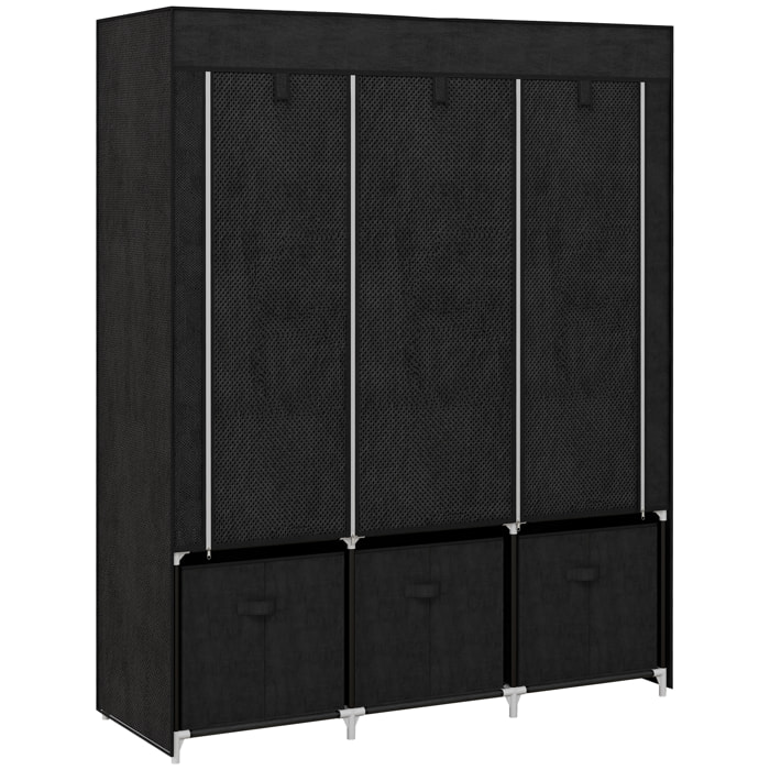 HOMCOM Armario de Tela, Armario Ropero con 2 Barras, 5 Estantes Abiertos, 3 Cajones, Cremallera, Marco de Acero, para Dormitorio, Espacio Pequeño, Vestidor, 125x43x162,5 cm, Negro