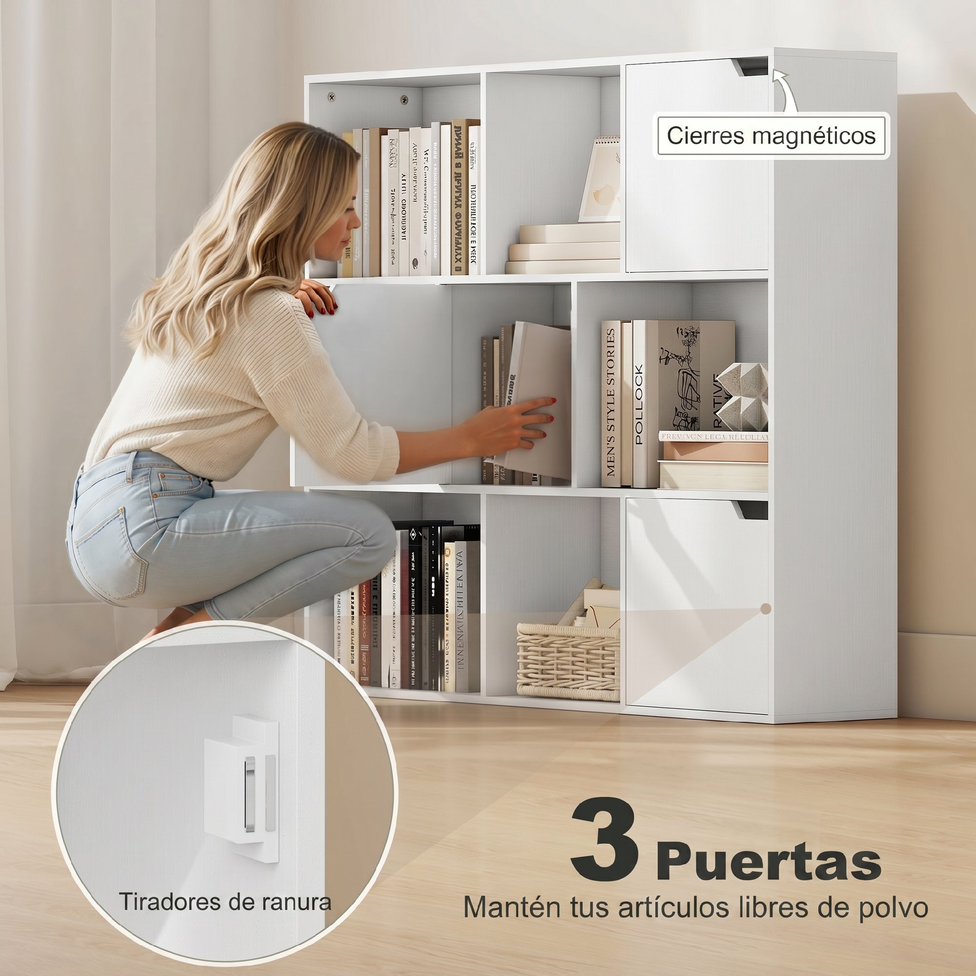 Estantería de 9 Cubos, Librería de 3 Niveles con 3 Puertas y 6 Compartimentos Abiertos, Estilo Moderno, para Dormitorio, Salón, Estudio u Oficina, 106x24x95 cm, Blanco
