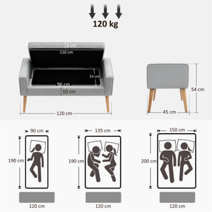 Puff Almacenaje Banco Almacenaje Tapizado en Lino Sintético con Tapa Abatible y Patas de Madera para Dormitorio Salón Entrada Carga 120 kg 120x45x54 cm Gris Claro
