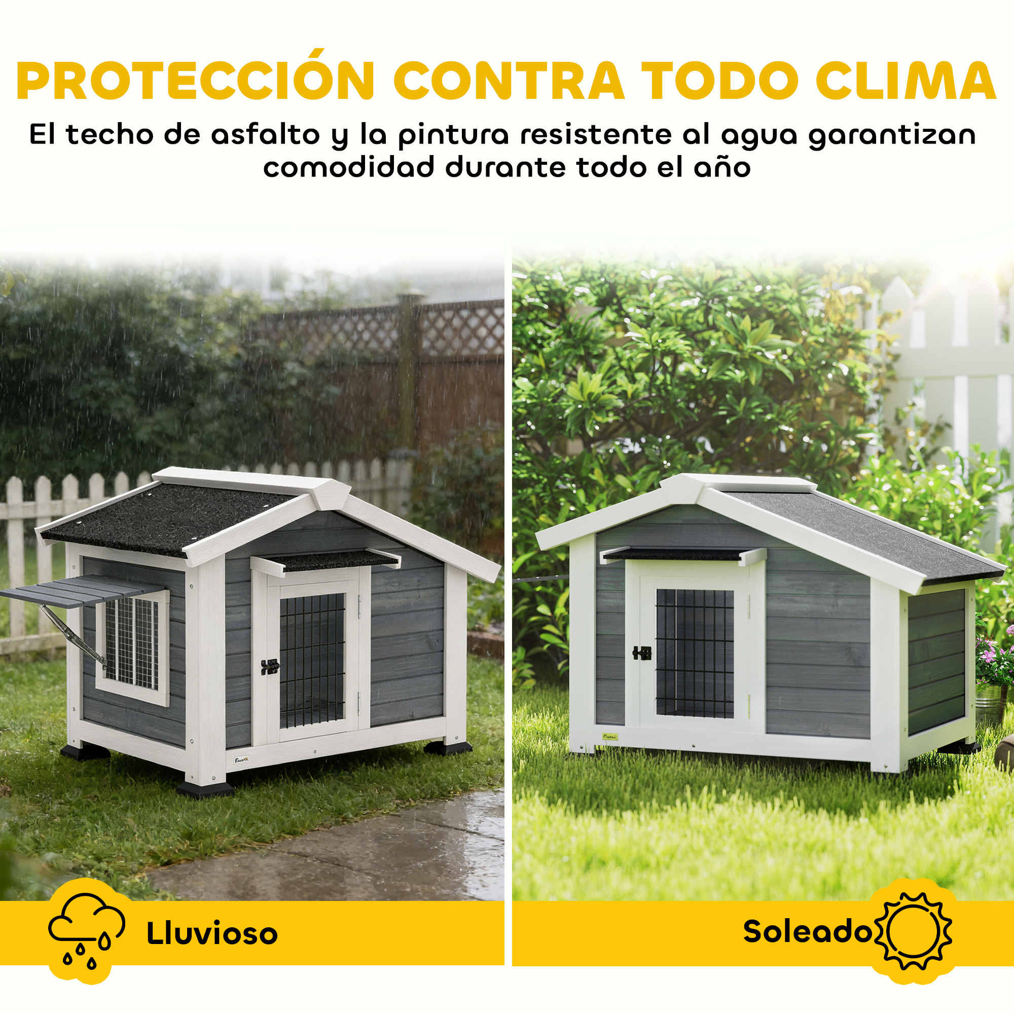 Caseta para Perros Exterior de Madera, Casa para Perros Medianos con Techo Asfático, Suelo Extraíble, Ventana Abatible y Puerta Ventilada, Base Elevada, 98x76x69,5 cm, Gris