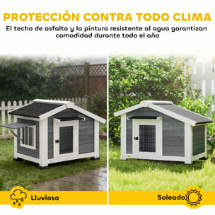Caseta para Perros Exterior de Madera, Casa para Perros Medianos con Techo Asfático, Suelo Extraíble, Ventana Abatible y Puerta Ventilada, Base Elevada, 98x76x69,5 cm, Gris