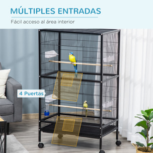 Jaula para Pájaros con 4 Ruedas y Comederos Bandeja Extraíble 79x52x137 cm Negro