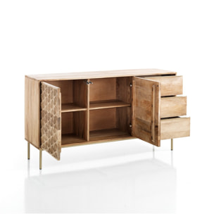 Meuble à 2 portes et 3 tiroirs Tomasucci ATUM, en acier et bois, doré, 144 × 40 × 80 cm
