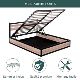 Ensemble lit coffre avec tête de lit & matelas | Mémoire de forme et ressorts ensachés | Espace de Stockage jusqu'à 900 L | Robuste et Large Angle d’Ouverture | Bois et métal | Bois clair