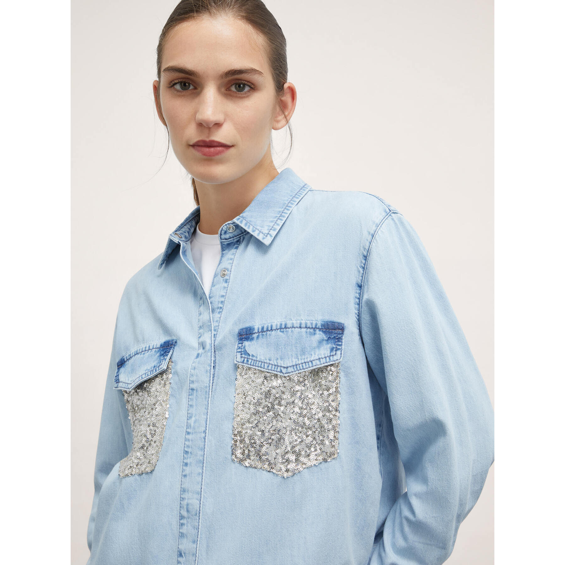 Motivi - Camisa de denim con bolsillos de lentejuelas - Light - blue