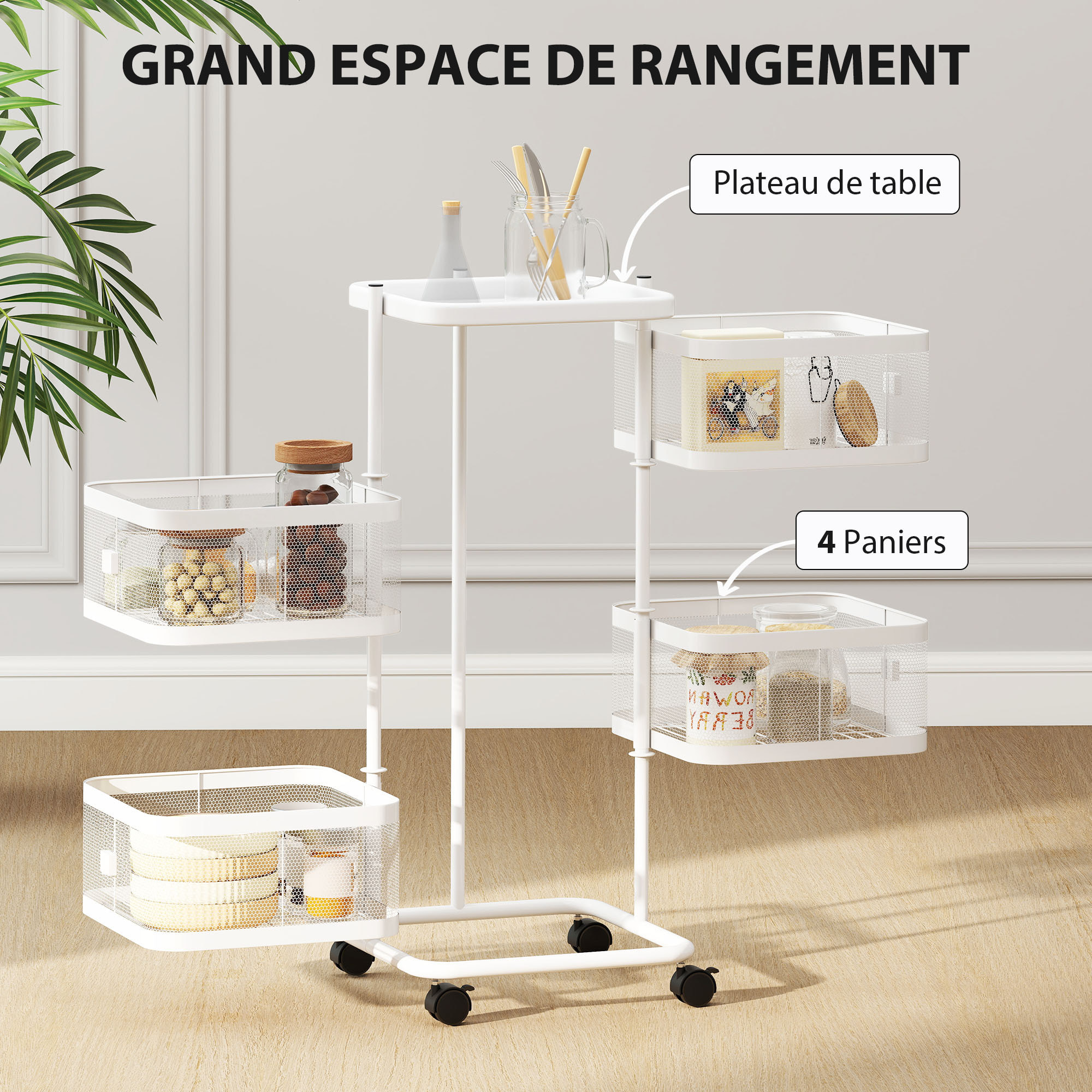 Resserre de cuisine 4 paniers rotatifs sur roues en métal H.77cm blanc