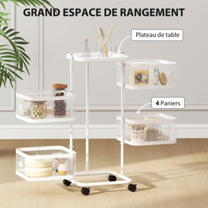 Resserre de cuisine 4 paniers rotatifs sur roues en métal H.77cm blanc