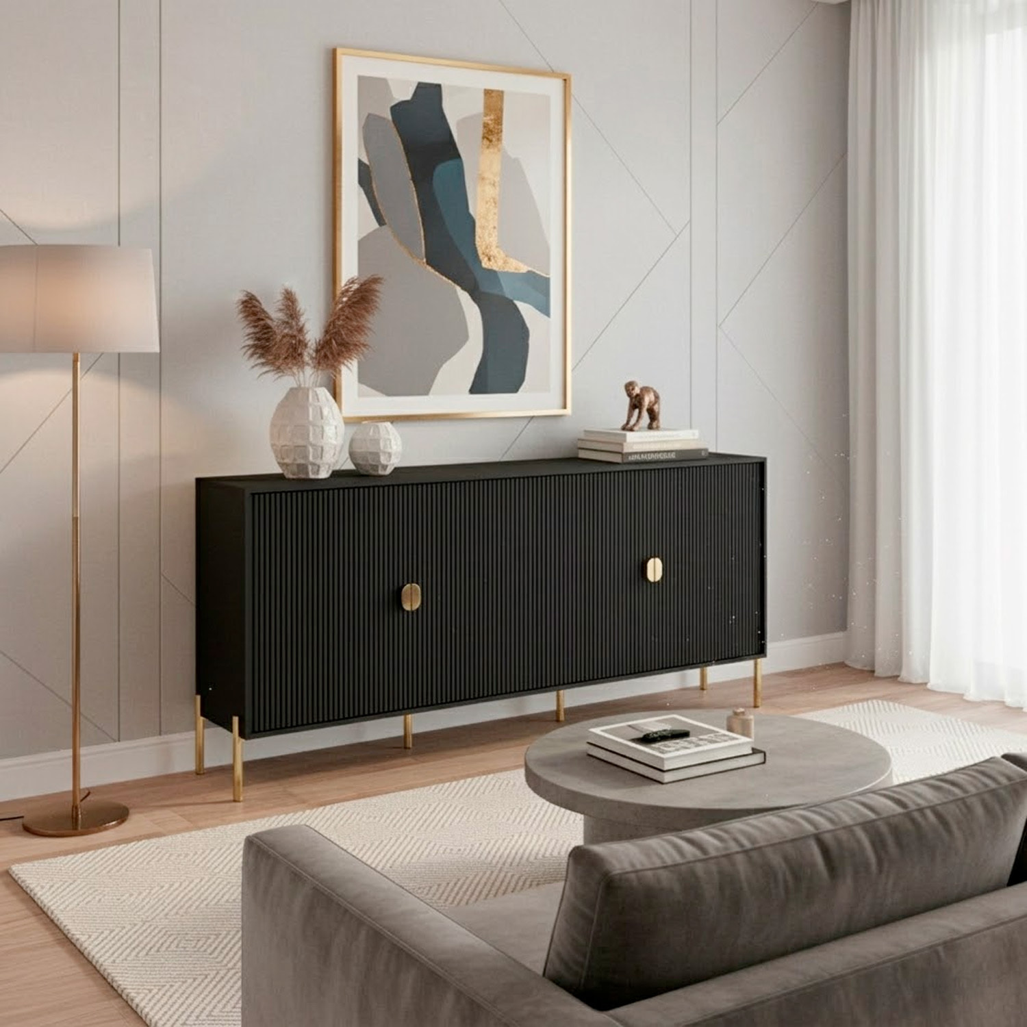 Madia Moderna Credenza In Melaminico Opaco Con 4 Ante E Piedini Alti Mobile Contenitore Design Soggiorno Salotto Sala Pranzo 203 x 49 x 87 Cm Nero