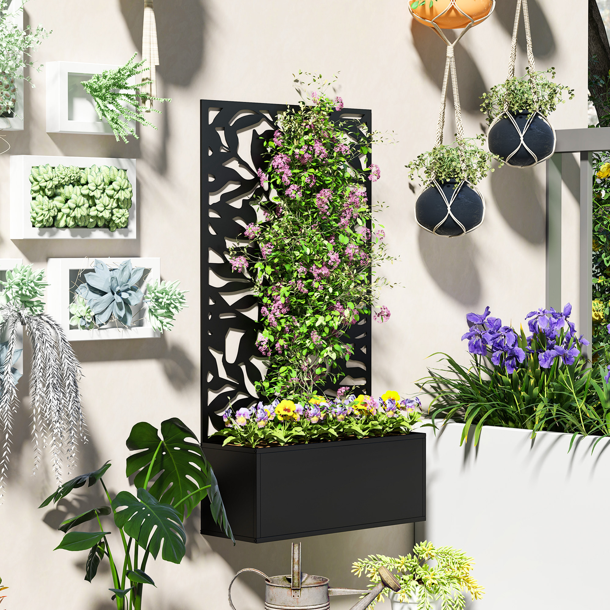 Jardinera Exterior Grande de Metal Jardinera con Pantalla de Privacidad de Hojas Sólidas Decorativas Jardinera de Pared o Independiente para Patio Terraza 61x23x113 cm Negro