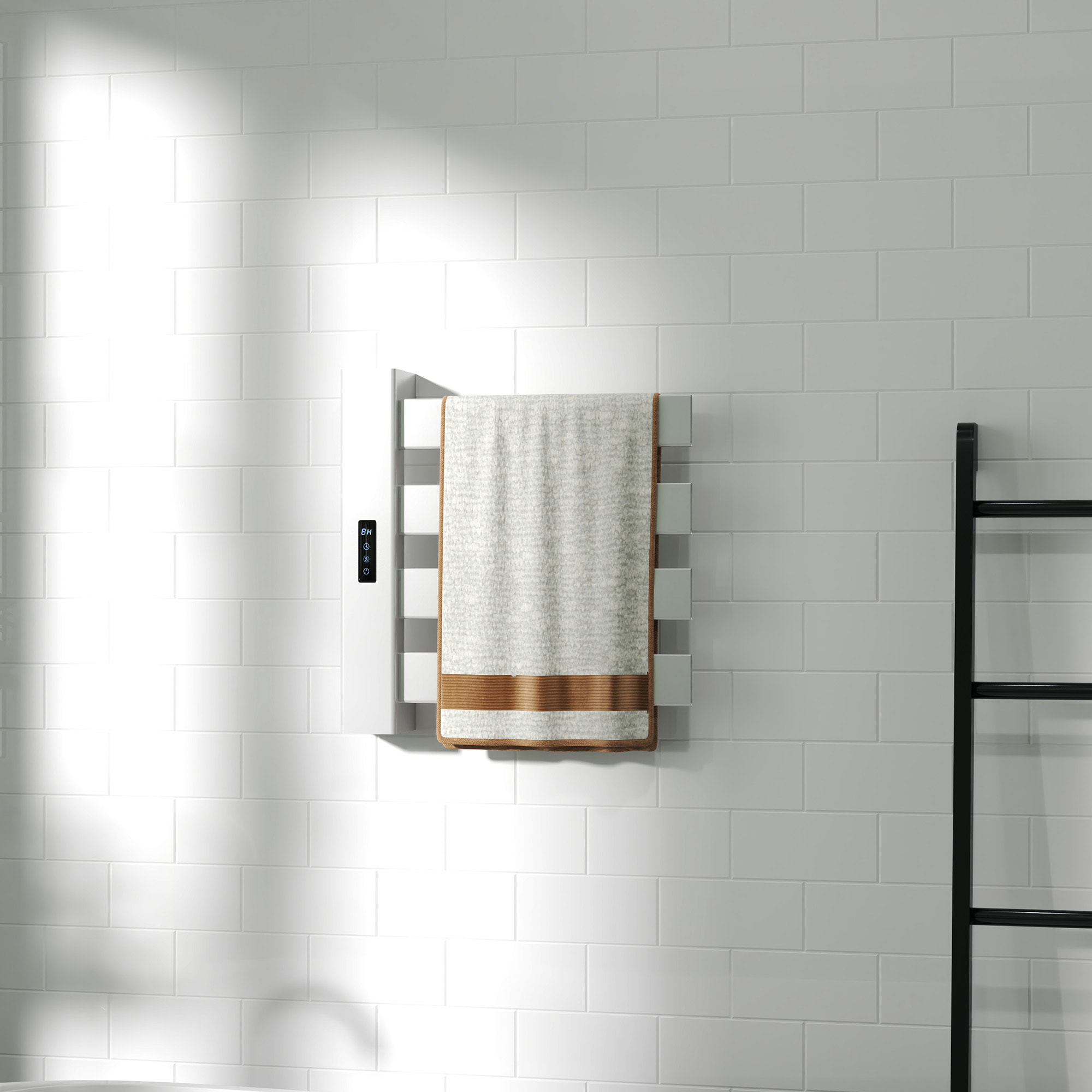 Toallero Eléctrico de Pared 130W Radiador Toallero Eléctrico de Aleación de Aluminio con Control WIFI Pantalla Táctil Temporizador 4 Barras Temperatura Ajustable Bajo Consumo IPX4 Blanco