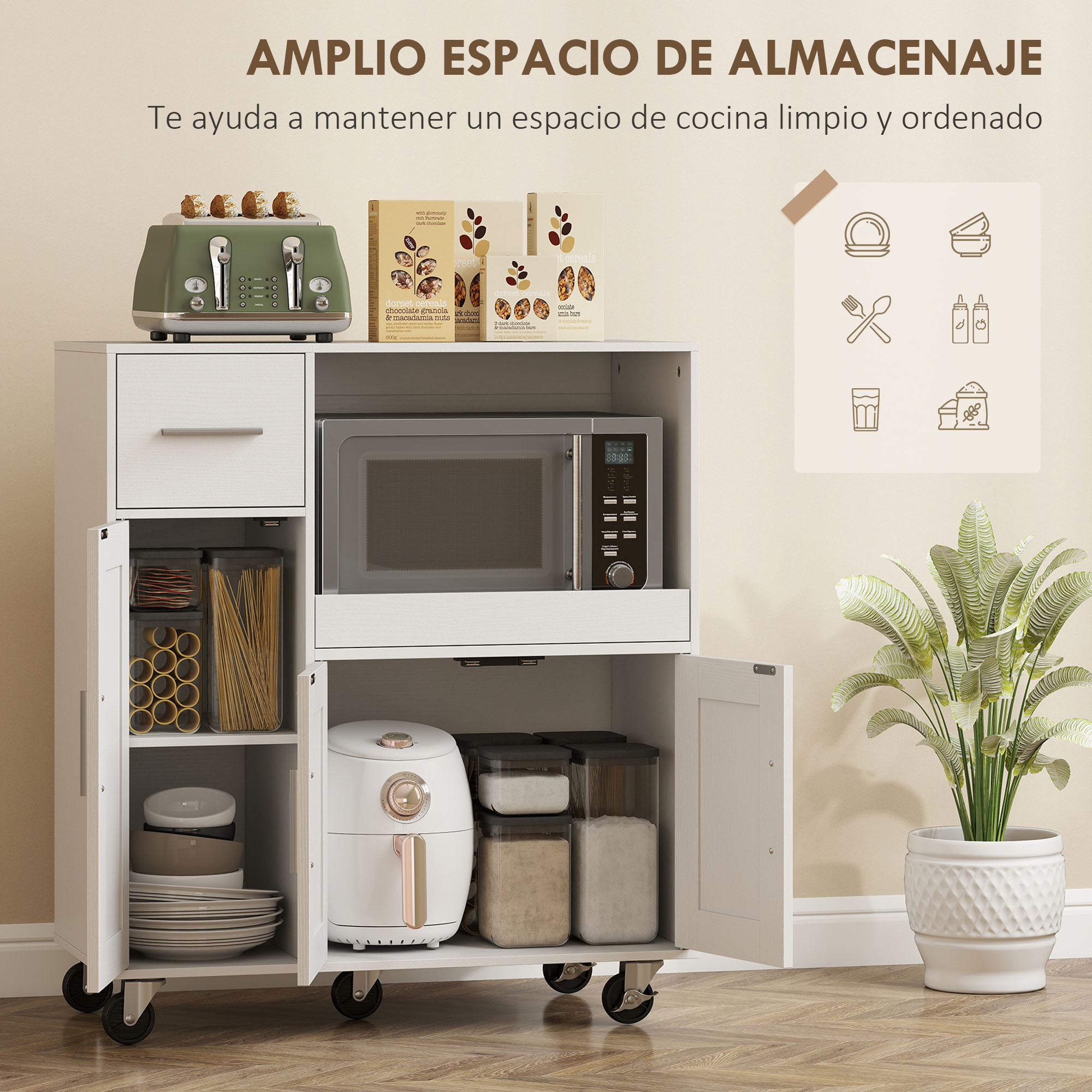 Mueble Auxiliar de Cocina con Ruedas, Aparador de Cocina para Microondas con Bandeja Deslizante, Cajón, 3 Puertas, Estante Ajustable y Orificio para Cables, para Salón, 80x40x88,7 cm, Blanco