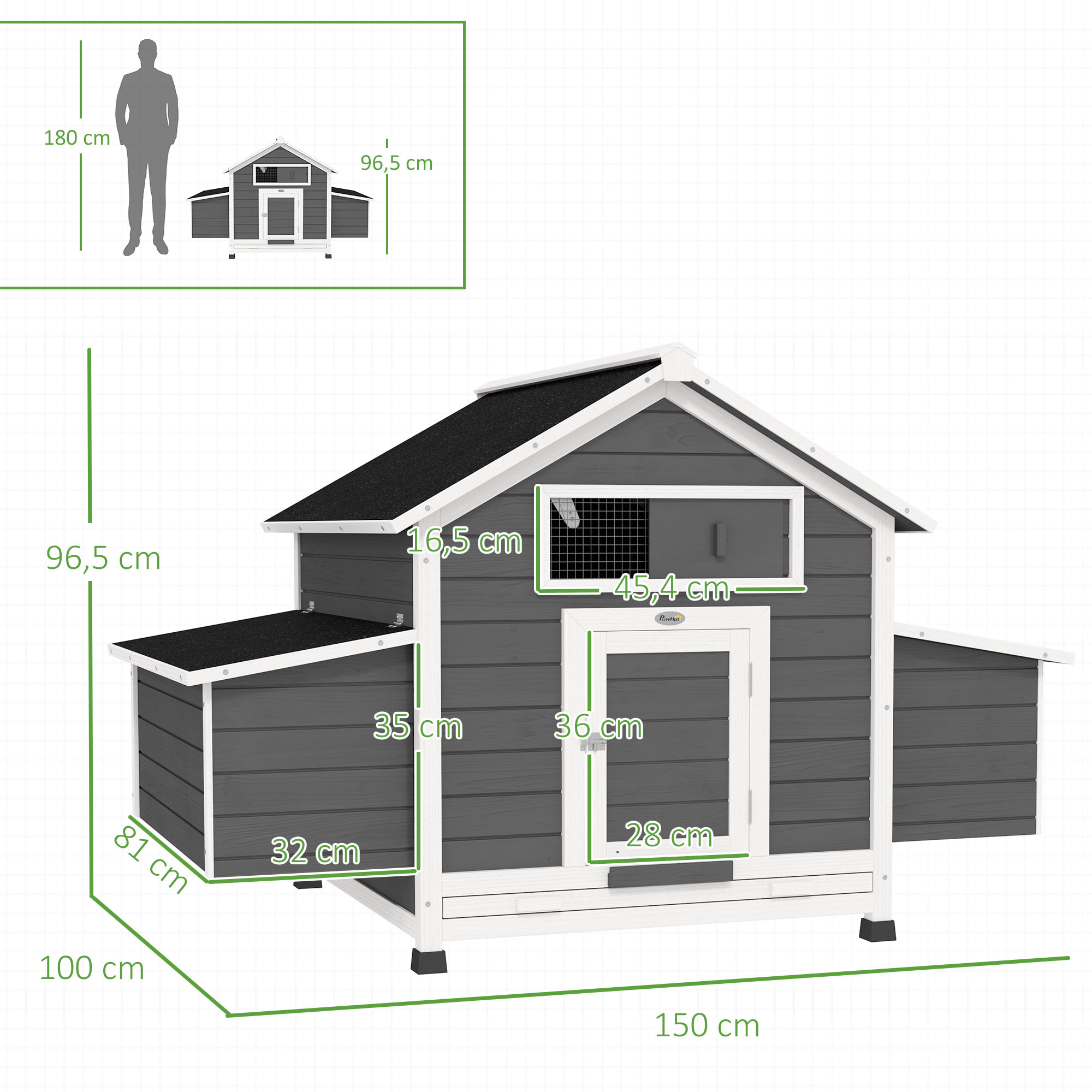Gallinero para Exterior Gallinero de Madera para 2-4 Gallinas con 2 Nidos Bandeja Extraíble Techo Abatible 150x100x96,5 cm Gris y Blanco