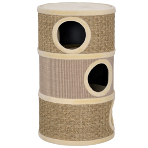 Arbre à chat cylindrique tonneau griffoir - 3 niches + plateforme - sisal corde d'algues beige