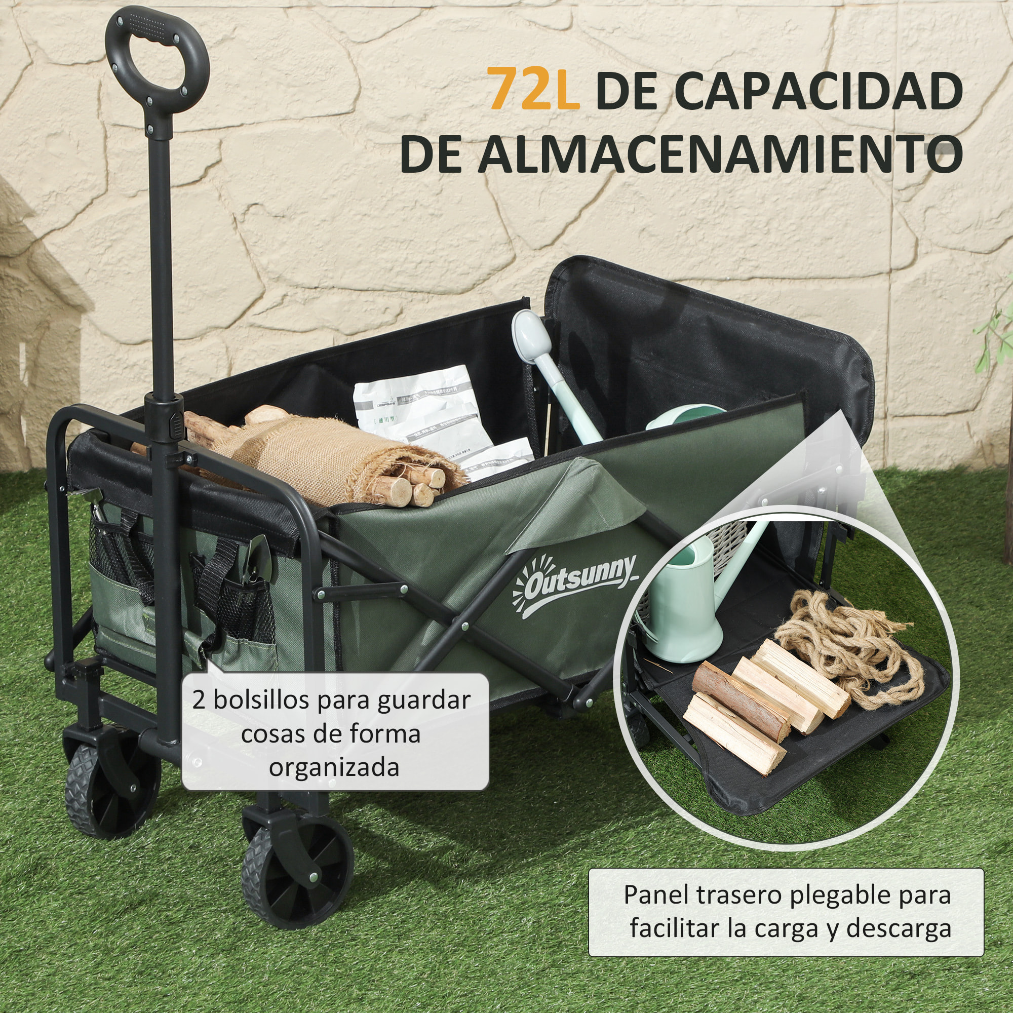 Carro Playa con Ruedas Carro de Jardín Plegable con Mango Telescópico Ajustable Puerta Trasera Expandible Carga 90 kg Carrito Transporte para Todo Terreno Jardín Campaña Compra Verde