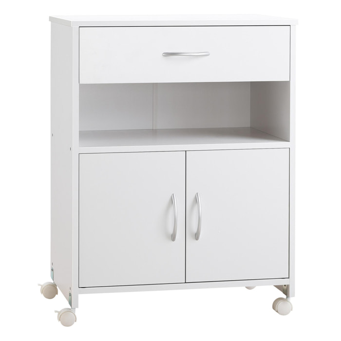 Armario para Impresora Soporte para Impresora con Ruedas Mueble Impresora con Cajón 2 Puertas y Compartimiento Abierto para Salón Oficina Estudio 60x39x80 cm Blanco